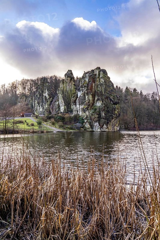 The Externsteine, a sandstone rock formation, Wiembecketeich, in the Teutoburg Forest, near Horn-Bad Meinberg, Lippe district, North Rhine-Westphalia, Germany, Europe