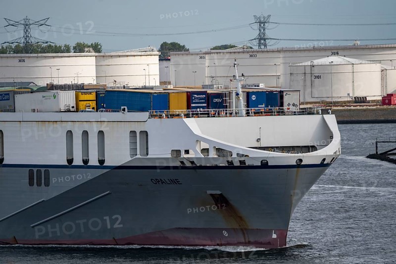 Shipping traffic on the Maas, near Hoek van Holland, Opaline Roro ferry in the Calandkanaal, at the exit