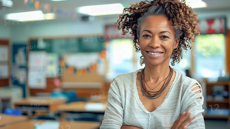 Proud smiling african american female teacher standing in her classroom. generative AI, AI generated