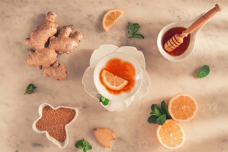 Tea with ginger, lemon and mint, selective focus, no people, sunlight, breakfast, morning, lifestyle