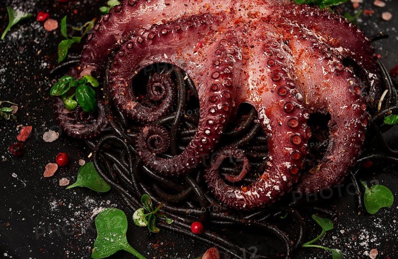 Octopus with black spaghetti, pasta, spices and herbs, top view, no people