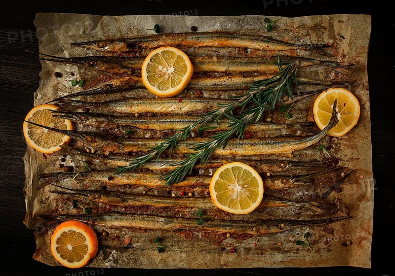 Fried fish, sargan, black sea pike, top view, close-up, no people