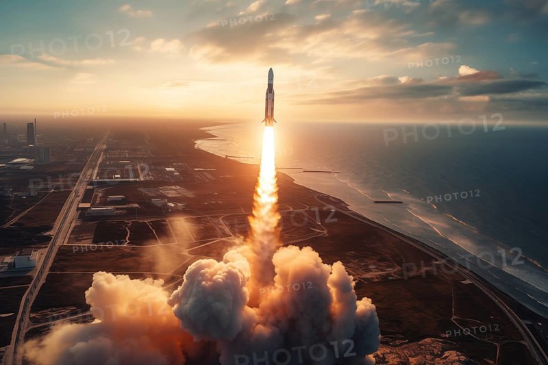 Aerial view of a rocket launch at sunrise sunset over an ocean coast. The rocket is blasting off with a trail of smoke and flames behind it, AI generated