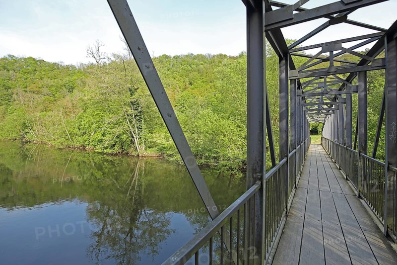 Iron footbridge over the Glan, pedestrian bridge, river, landscape, steel construction, steel girder, Meisenheim, Rhineland-Palatinate, Germany, Europe