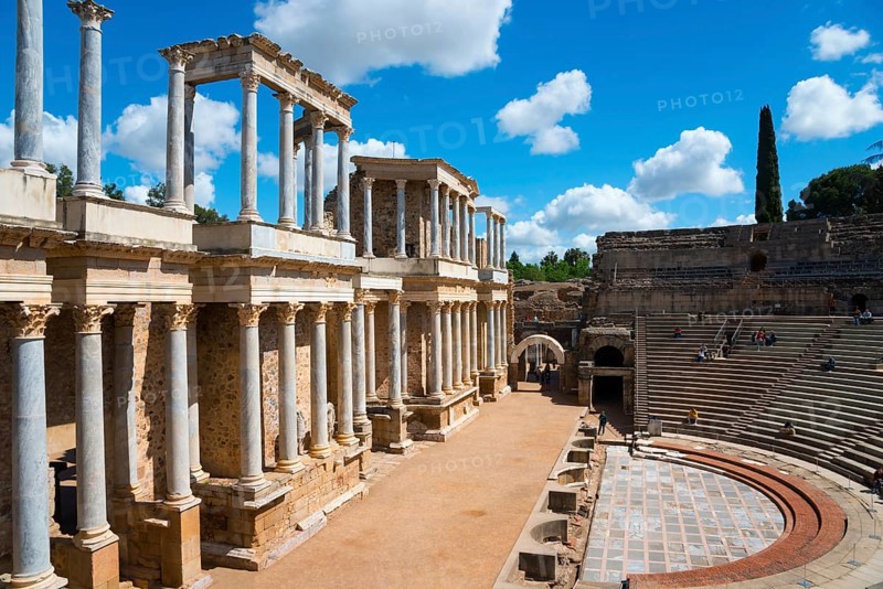 View of an ancient Roman theatre with marble columns and preserved ruins under a sunny sky, Teatro Romano de Mérida, Roman Theatre of Merida, Merida, Badajoz, Extremadura, Spain, UNESCO World Heritage Site, Europe