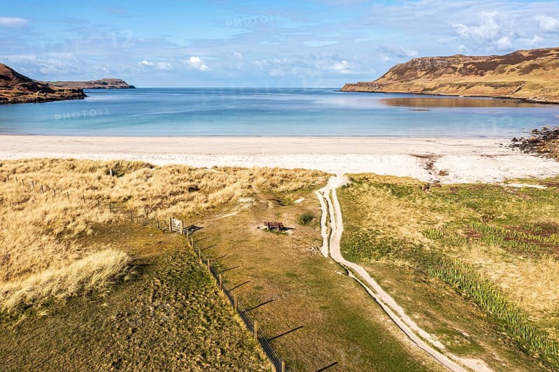 Aerial view of Calgary beach, a sandy beach on the west coast of Isle of Mull, Scotland, UK