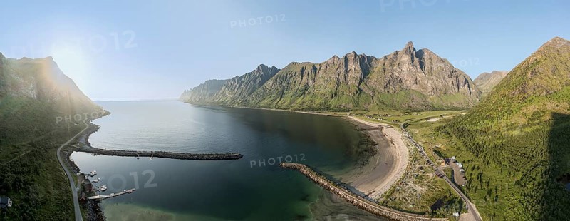 Panoramic aerial view of campsite at beach Ersfjordstranden, fjord Ersfjord, golden restroom, Senja island, Troms, northern Norway, Norway, Europe