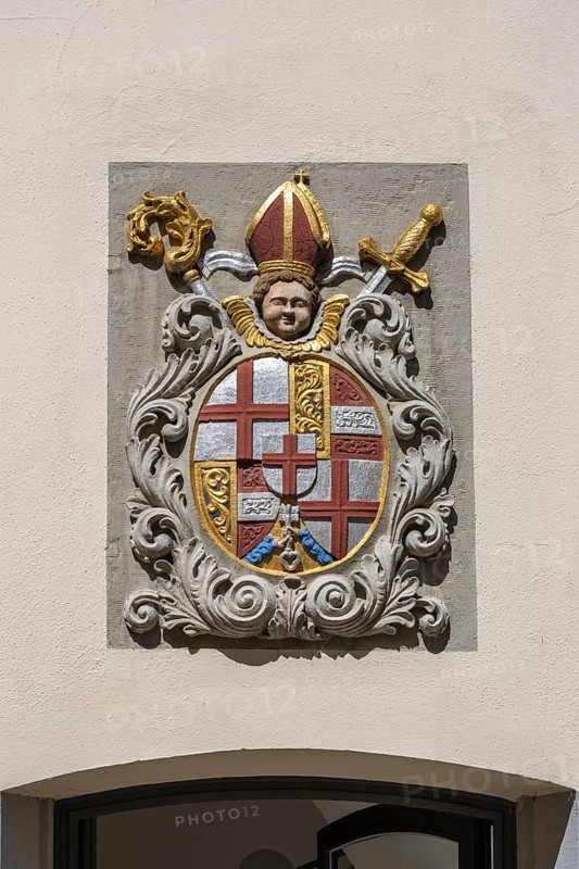 Stonemasonry, coat of arms of the Prince-Bishop of Constance Marquard Rudolf von Rodt in the historic centre of Meersburg on Lake Constance, Lake Constance district, Baden-Württemberg, Germany, Europe