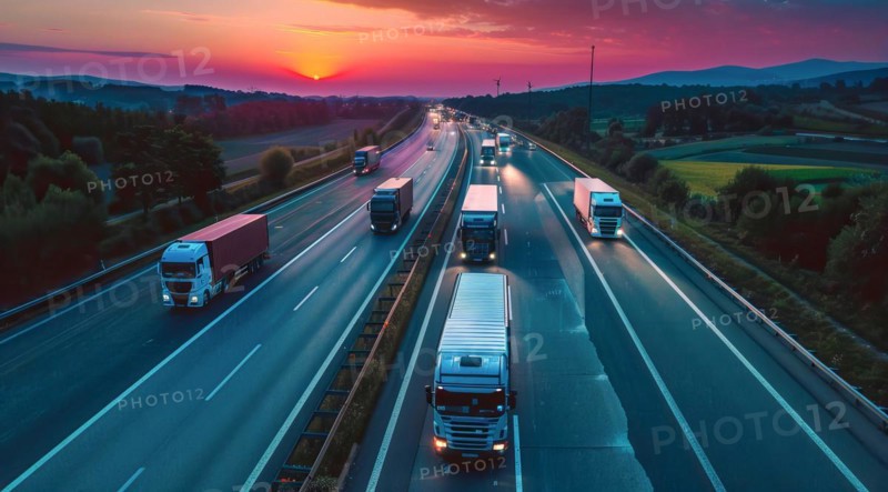 Long haul container truck carrying commercial cargo delivery between cities on a freeway, AI generated