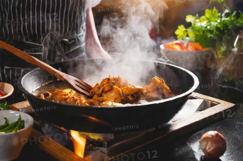 A person is cooking chicken in a pan on a stove. The pan is filled with a red sauce and the chicken is surrounded by steam, AI generated