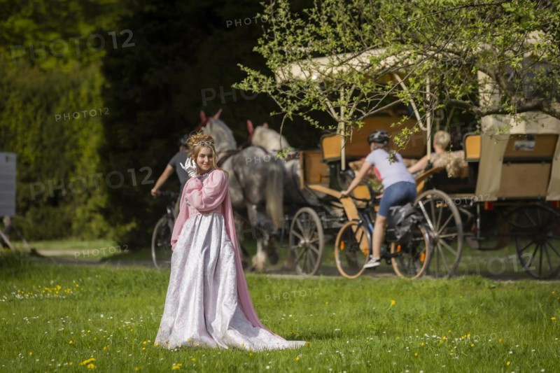 Cinderella can also be seen around Moritzburg Castle in spring. Model Tamara Kretschmer once again slipped into the coveted role of the legendary Cinderella with the ball gown, Moritzburg, Saxony, Germany, Europe