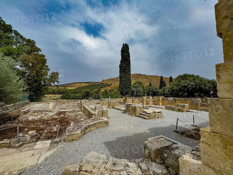 View of foundation walls of Titus Basilica: early Christian basilica from 6th century in archaeological site remains of ancient Roman city of Gortys Gortyn former capital of Crete, Gortyna, Crete, Greece, Europe