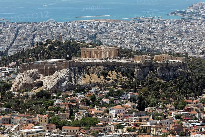 View over the Acropolis to Piraeus and the Saronic Gulf, from Lycabettus, Lykavittos, Athens, Greece, Europe