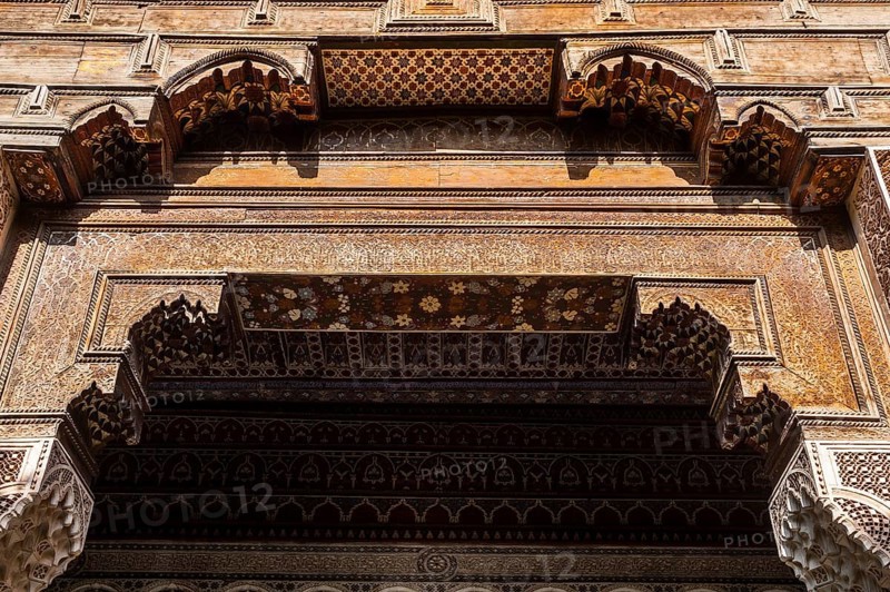Wooden facade, oriental, ornament, decoration, facade, orient, craft, wood, carpenter, warm tone, decoration, decorated, art, building, building, Bahia Palace in Marrakech