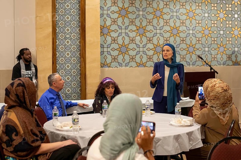Dearborn, Michigan USA, 13 September 2024, The National Arab American convention, sponsored by the American-Arab Anti-Discriminaton Committee. What Arab-Americans should do about the 2024 election in light of Israel's war in Gaza was a major convention topic. Green Party presidential candidate Dr. Jill Stein, who opposes U.S. military aid for Israel, spoke at the convention and (shown here) at the Islamic Center of America