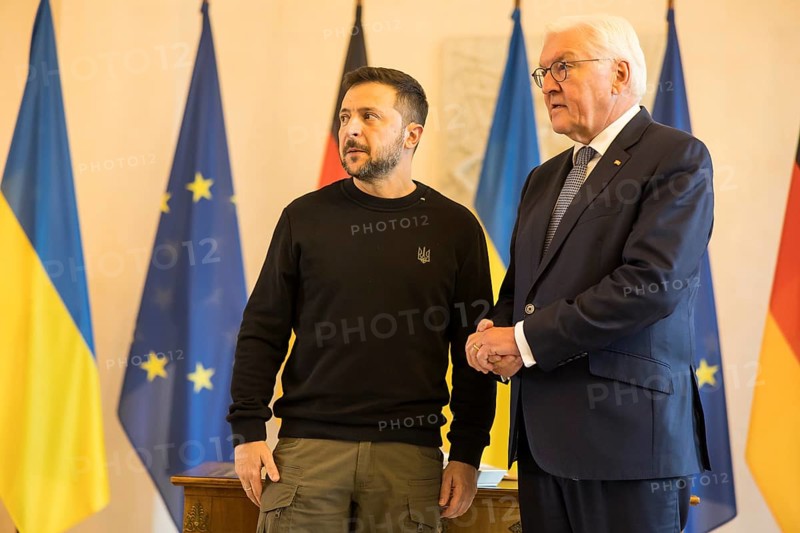Volodymyr Selensky (President of Ukraine) after his entry in the guest book with Frank-Walter Steinmeier (President of the Federal Republic of Germany) at Bellevue Palace, 11 October 2024