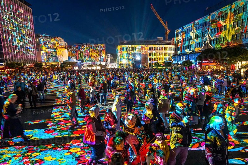 Essen Light Festival, in the city centre, light art on Kennedyplatz, the Berlin artist Daniel Margraf illuminates the large square in the city centre with works of art from the Essen Folkwang Museum, the visitors become part of the pictures that change with every step. North Rhine-Westphalia, Germany, Europe