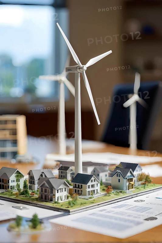 Scale model of a wind turbine adjacent to miniature houses, AI generated