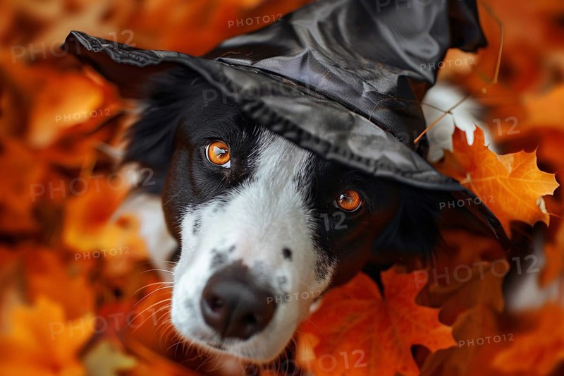 Close up of face of dog with Halloween costume witch hat between colorful autumn leaves. Generative AI, AI generated
