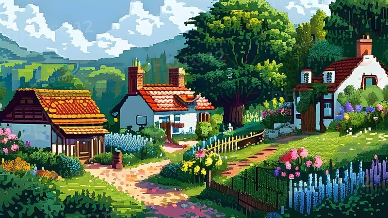 Pixel art illustration of a cozy village in summer with vibrant green roofs and blooming flowers, AI generated