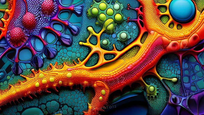Nano material inspired by gecko feet with intricate patterns and vibrant colors representing adhesive properties, AI generated