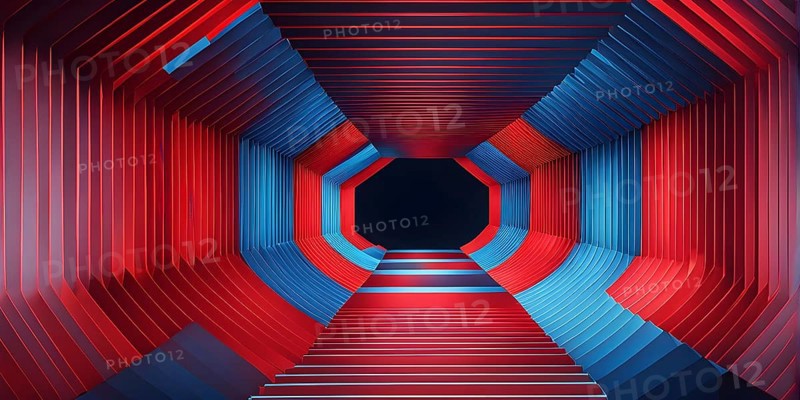 Abstract geometric pattern tunnel structure embodying data streams and communication in red and blue hues, AI generated
