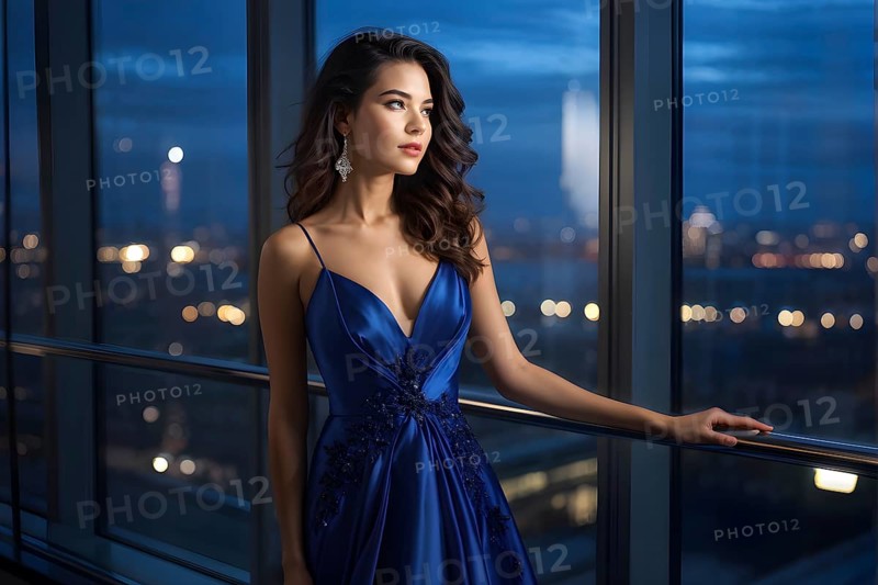 Young woman in an evening dress standing by a large window gazes out at city lights, AI generated