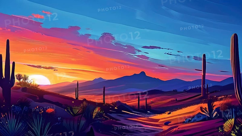 Abstract illustration of a sunset over a desert landscape in vivid and vibrant colors, AI generated