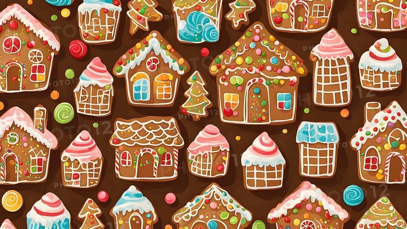 Abstract wallpaper illustration of of gingerbread house decoration, AI generated