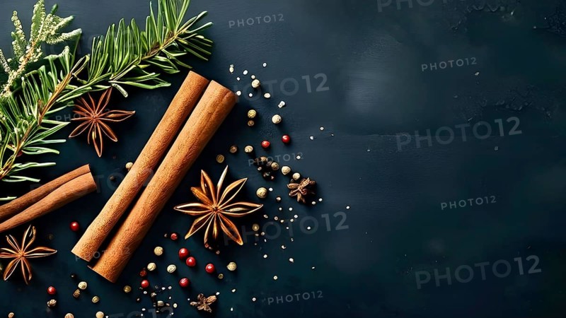 Abstract wallpaper illustration of Christmas spices like cinnamon sticks, star anise, and cloves, AI generated