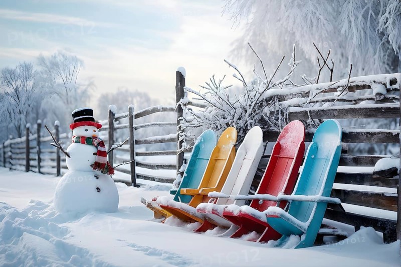 Rustic wooden sleds with frost covered branches and a snowman in the background, AI generated