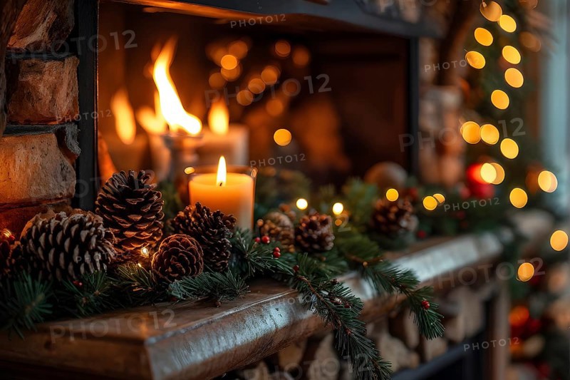 A cozy fireplace mantle decorated with pine cones, garlands, and lit candles, with a close-up focus on a burning candle flame, AI generated