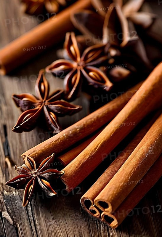 Christmas spices like cinnamon sticks, star anise, and cloves arranged on a wooden table, with soft ambient lighting evoking warmth and coziness, AI generated