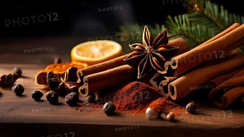 Christmas spices like cinnamon sticks, star anise, and cloves arranged on a wooden table, with soft ambient lighting evoking warmth and coziness, AI generated