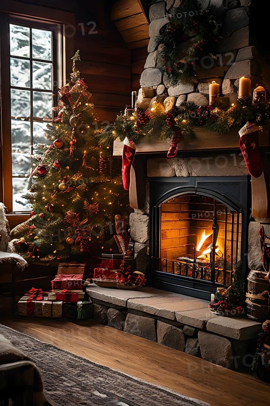 Traditional stone fireplace decorated for Christmas, with garlands, stockings, and candles, set in a cozy, snow-draped winter cabin, AI generated