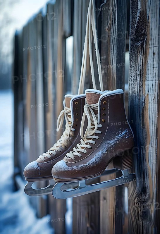 Pair of vintage ice skates hanging by their laces on an old wooden fence with frost and snow gently settled on the blades, AI generated