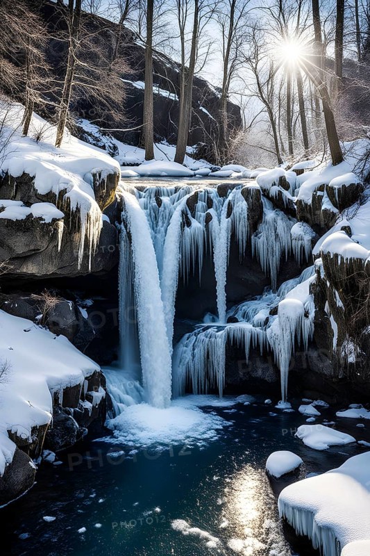 Winter landscape of a frozen waterfall, surrounded by icicles and snow-covered rocks, with the sunlight reflecting off the ice to create a sparkling effect, AI generated