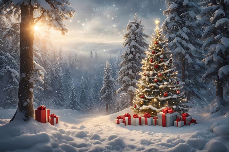Peaceful and serene Christmas scene with a decorated Christmas tree with gifts presents and a cute snowman in a snowy forest, AI generated