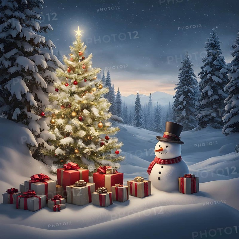 Peaceful and serene Christmas scene with a decorated Christmas tree with gifts presents and a cute snowman in a snowy forest, AI generated