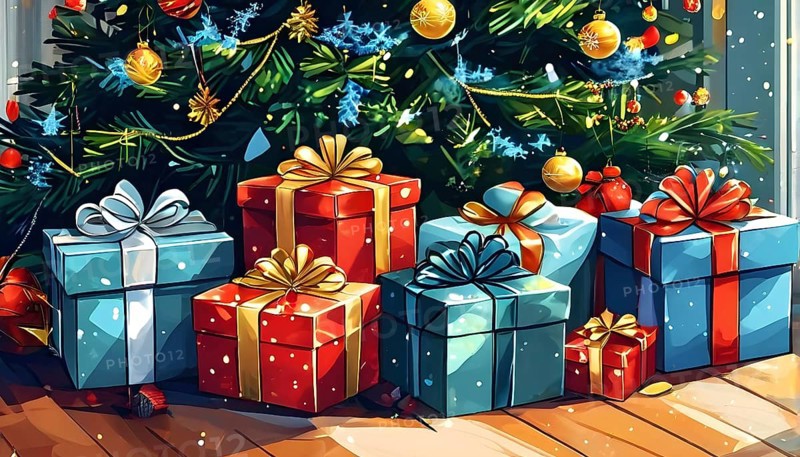 Abstract illustration of wrapped Christmas gifts, shiny ribbons and bows, stacked under a evergreen tree in a cozy living room, AI generated