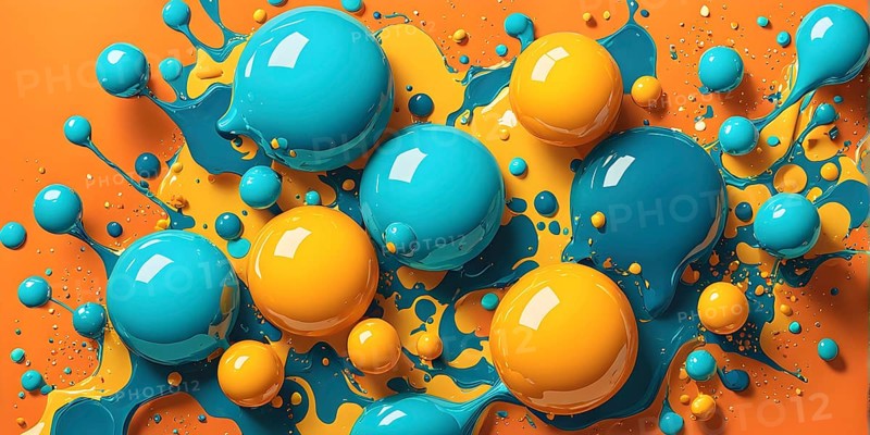 Abstract wallpaper with colorful turquoise and yellow blobs and liquid shapes on a orange background, AI generated