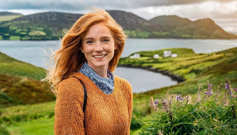 Girl with red hair and freckles smiles in front of a lake in windy weather, Ireland, AI generated, AI generated, Europe