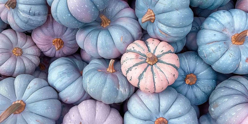 Banner with pastel pink and blue muscade pumpkins. Generative AI, AI generated