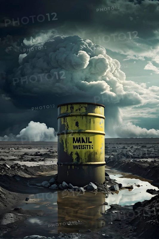 Representation of illegal nuclear waste barrel leaking radioactive material, AI generate, AI generated