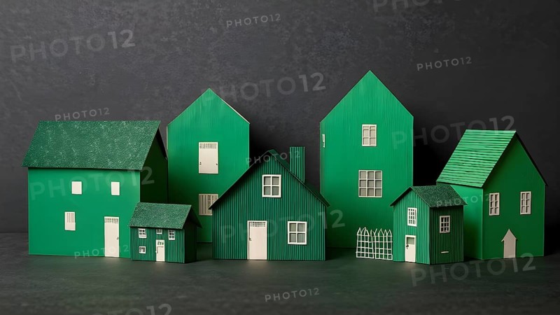 AI generated cluster of quaint paper houses arranged in a variety of tiny delicate architectures