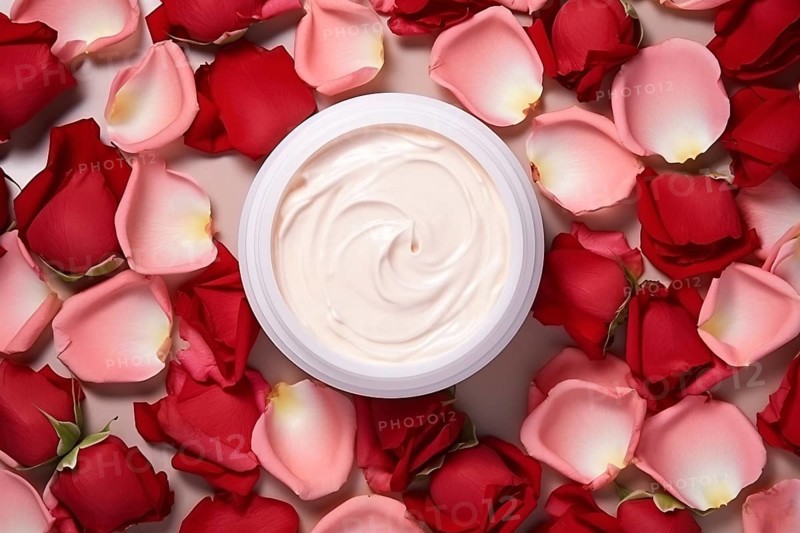 Pot with facial cream surrounded by red and pink rose flower petals. KI generiert, generiert, AI generated