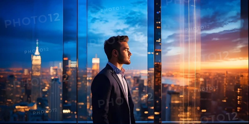 AI generated profile of a businessman with a double exposure of city lights, representing business success against an evening sky