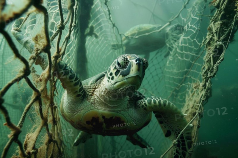 A sea turtle, hawksbill turtle caught in a fishing net, symbolic image for endangered species, marine animals pollution, marine pollution, pollution of the oceans, AI generated, AI generated, AI generated