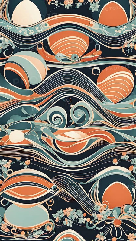 A whimsical abstract pattern with intertwined ribbons, eggs, and floral motifs, with a mix of sharp and soft lines creating depth, AI generated
