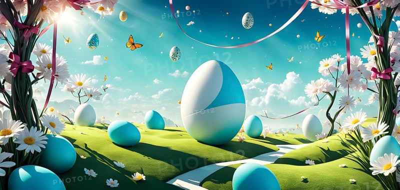 Surreal Easter scene with floating eggs, ribbons, and flowers in a dreamlike, whimsical composition of light and shadow, AI generated